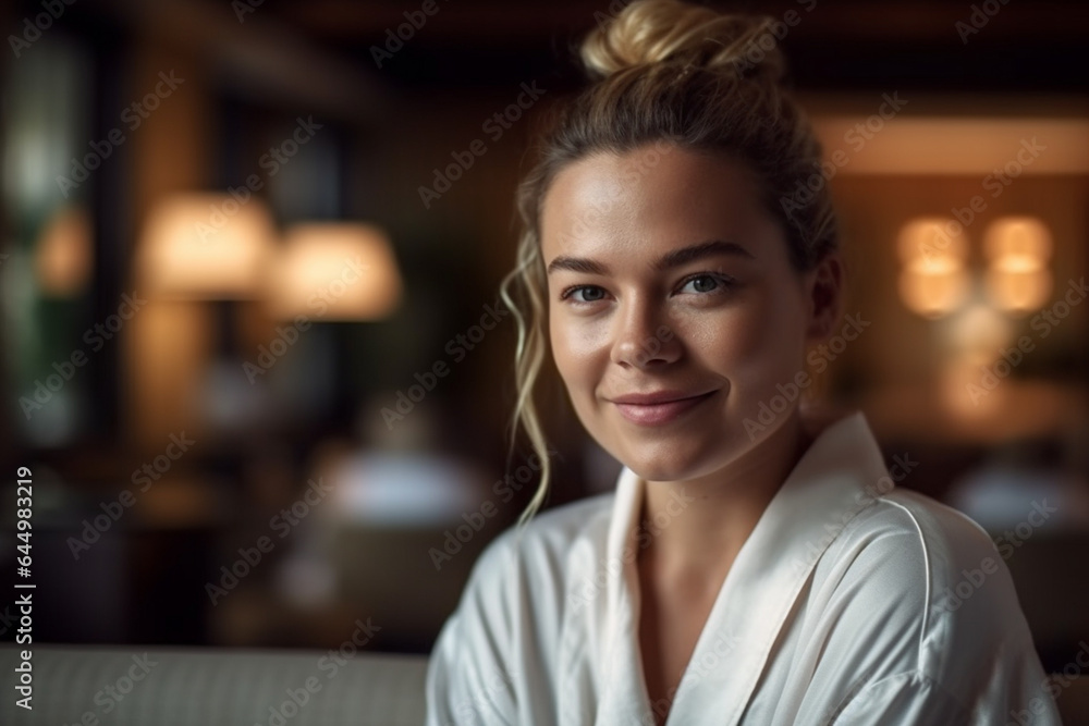 Everyday life in the life of a young adult woman, wearing a bathrobe, relaxed and in a good mood, fictional place Everyday life in the life of a young adult woman, wearing a bathrobe, relaxed and in a good mood, fictional place