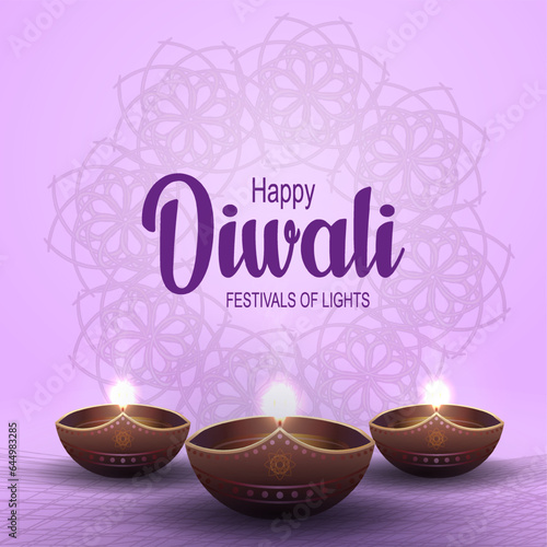 Purple illustration with Diwali lamps. Indian festival of lights