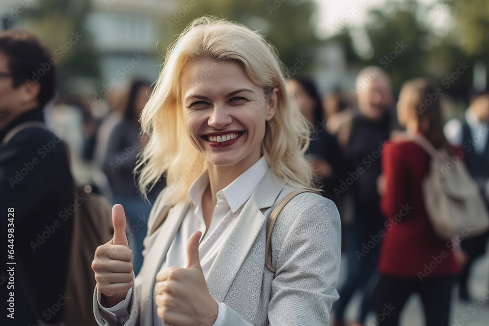 Everyday life of a young adult woman, wearing a business suit and shirt, on the way to work or city life with lots of people, positive, hopefulous place