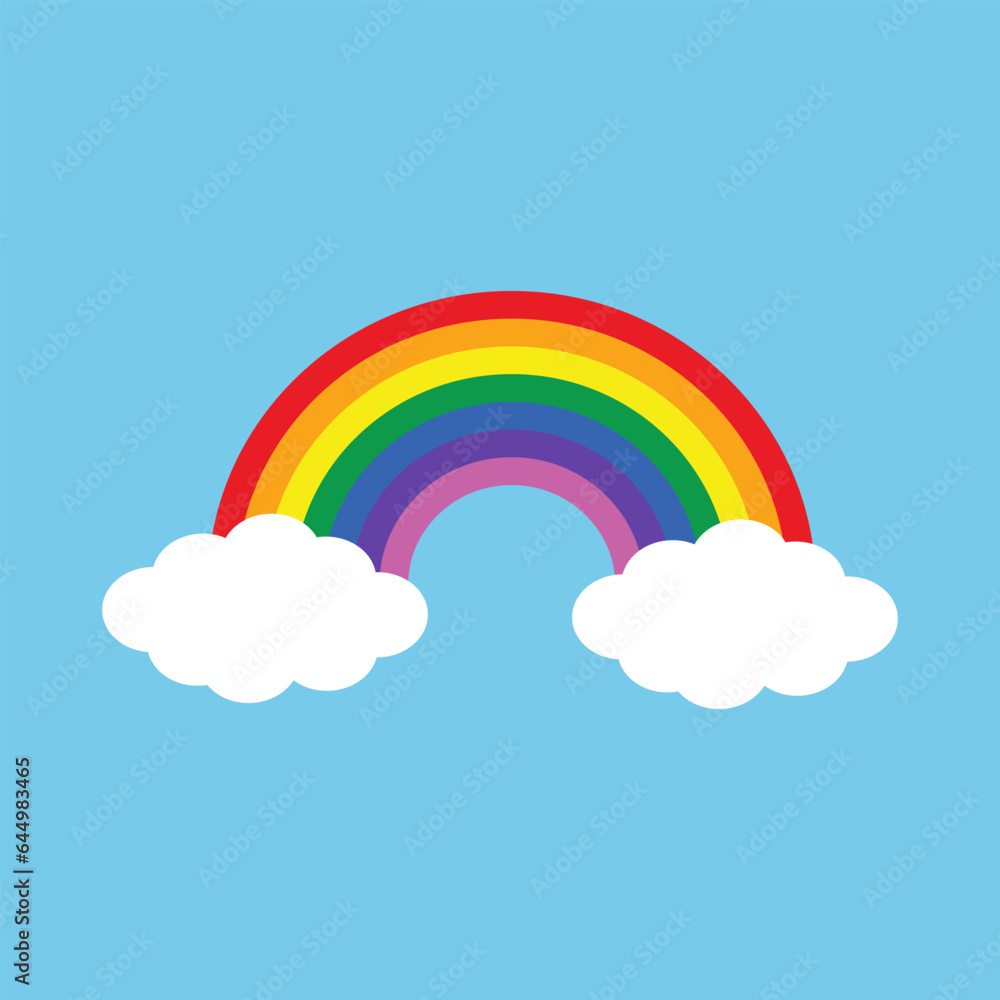 Colorful Rainbow with white clouds and blue sky Vector Illustration. Colorful Rainbow icon