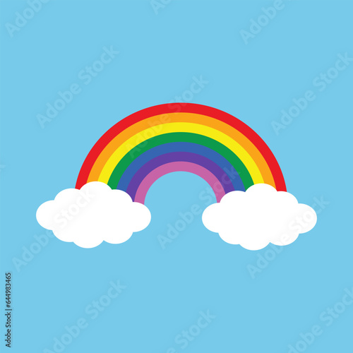 Obraz na płótnie Colorful Rainbow with white clouds and blue sky Vector Illustration. Colorful Rainbow icon w salonie