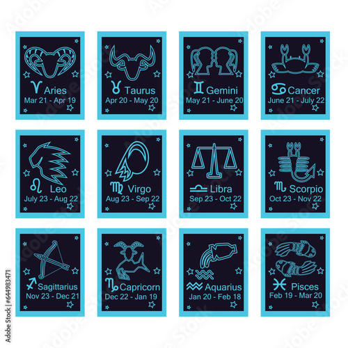 Horoscope Zodiac signs and symbols included name and period drawing in vector
