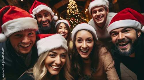 Group of people take selfie in Santa Claus hats . Generative Ai © Vika art