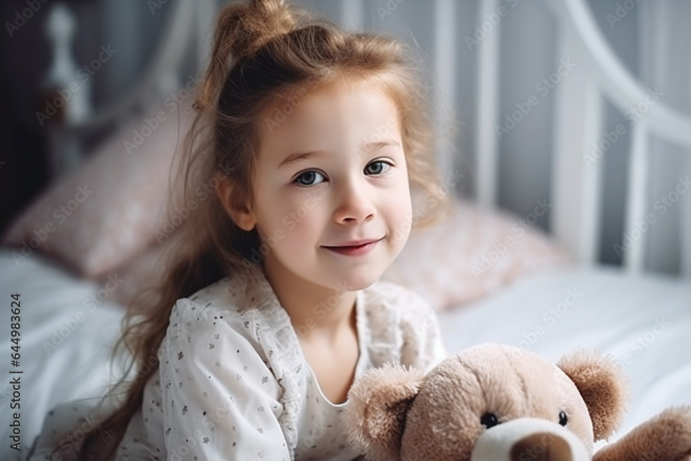 a toddler, a child girl, at home in the children's room sitting on her cot, with a cuddly toy, a teddy bear, joyful grin or smile, good mood on a new morning a toddler, a child girl, at home in the children's room sitting on her cot, with a cuddly toy, a teddy bear, joyful grin or smile, good mood on a new morning