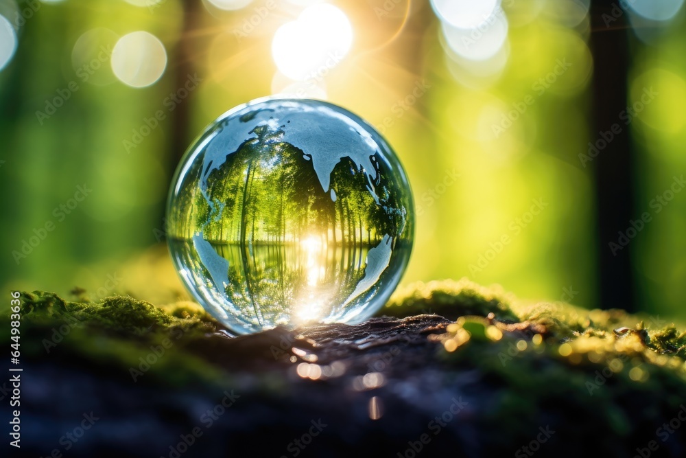 Glass ball in the forest in nature.