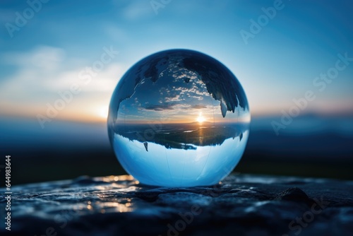 Glass ball in nature by the lake.