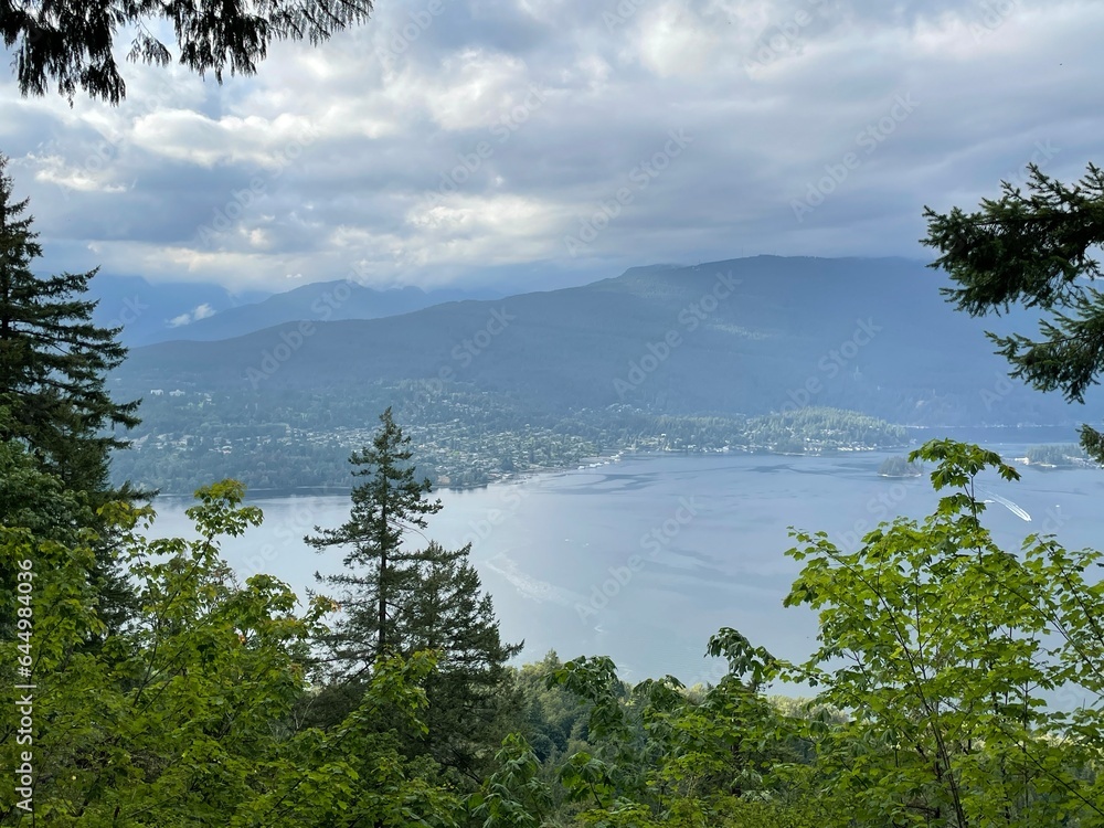 Beautiful view of the Burrard Inlet seen from Burnaby Mountain Park in British Columbia, Canada