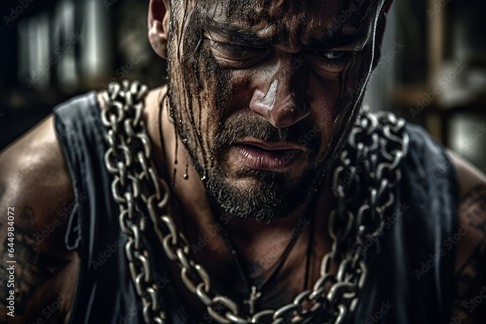abstract, adult male, man with metal chains on his body, captivity of a prisoner, fictional situation and location abstract, adult male, man with metal chains on his body, captivity of a prisoner, fictional situation and location