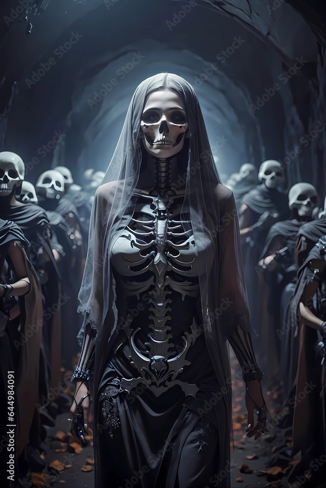 Queen of the dead with her skeletons army, in a long dark tunnel, Happy Halloween, Generative AI Queen of the dead with her skeletons army, in a long dark tunnel, Happy Halloween, Generative AI