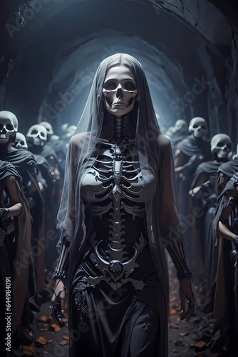 Queen of the dead with her skeletons army, in a long dark tunnel, Happy Halloween, Generative AI