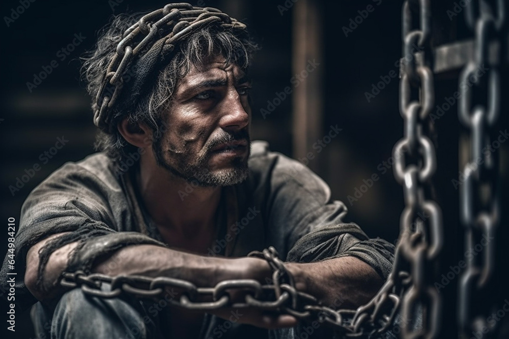 abstract, adult male, man with metal chains on his body, captivity of a prisoner, fictional situation and location abstract, adult male, man with metal chains on his body, captivity of a prisoner, fictional situation and location