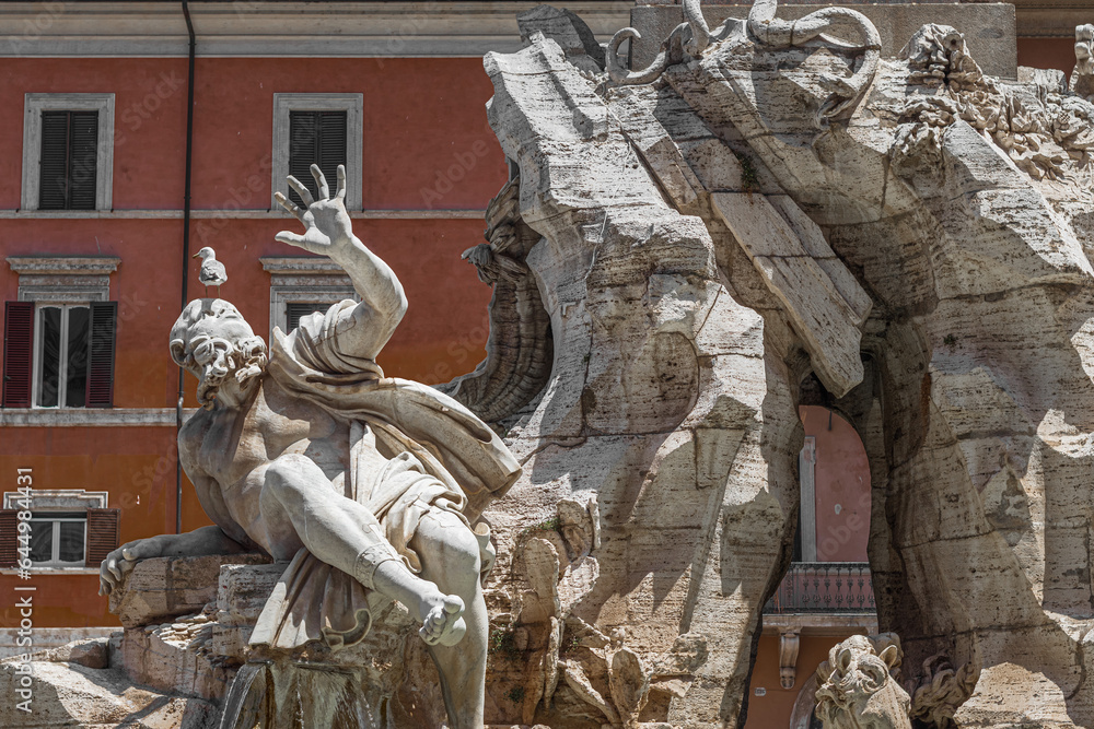 Fountain of the Four Rivers detail in Piazza Navona in Rome, Italy