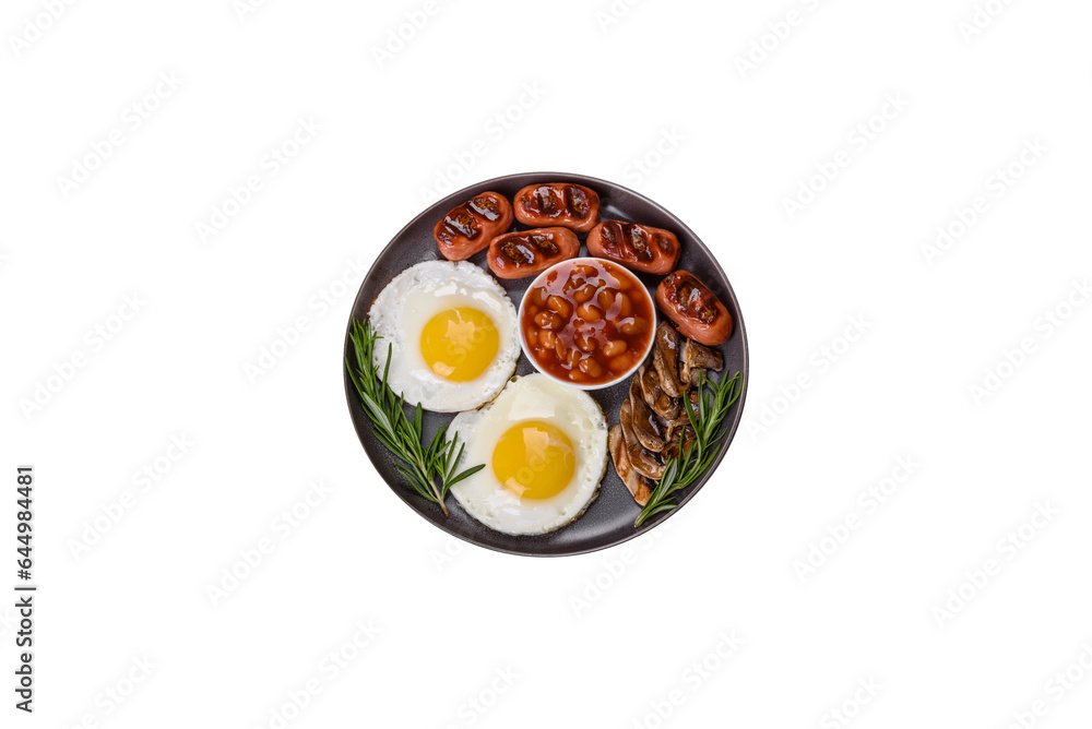 Full english breakfast with bean, fried eggs, roasted sausages, tomatoes and mushrooms Full english breakfast with bean, fried eggs, roasted sausages, tomatoes and mushrooms