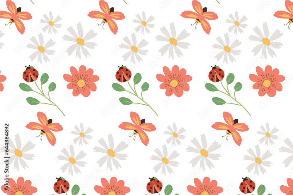 cute flower pattern with butterfly and red beetle