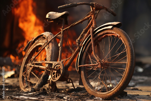 Gros plan sur un vélo lors d'un incendie » IA générative