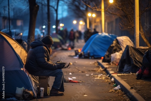 A city with tents and garbage. There are poor homeless people everywhere