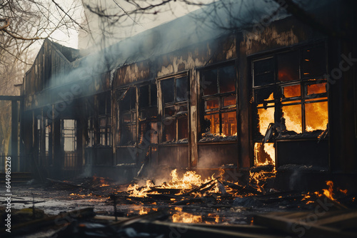 Vue extérieure d'une école incendiée » IA générative