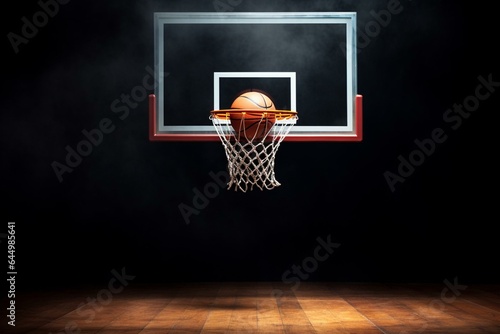 Basketball equipment including a hoop, backboard, chain net, and ball. Generative AI © Darian