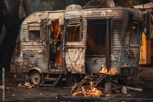 Gros plan d'une caravane incendiée » IA générative photo