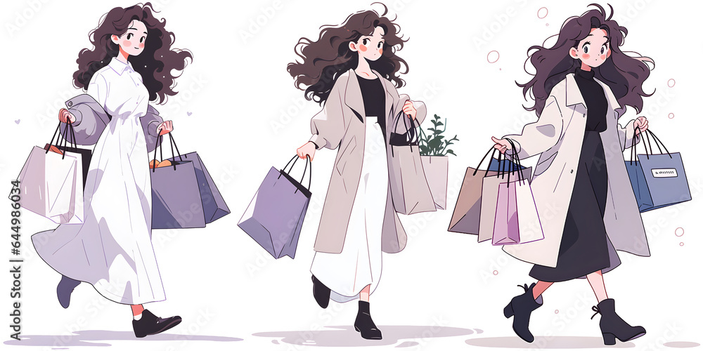 Fashion girl holding shopping bags,three people,three styles,Generative Ai