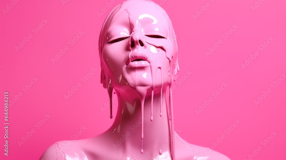 Illustration of a pink mannequin with dripping pink paint on its face