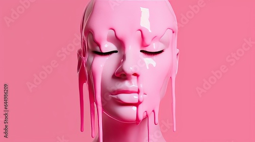 Illustration of a pink mannequin with dripping pink paint on its face