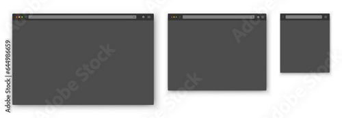 Browser windows. A set of realistic empty gray browser windows of different shapes with a toolbar, a search bar and a shadow on a white background. Vector EPS 10.