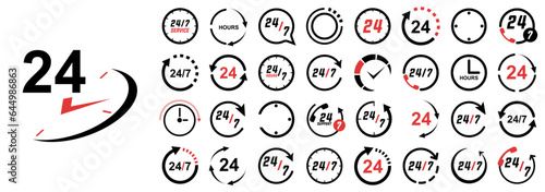 Service symbol with clock time arrow icons. Set of 24 hour assistance icons. 24 hour service open for support, delivery, marketing