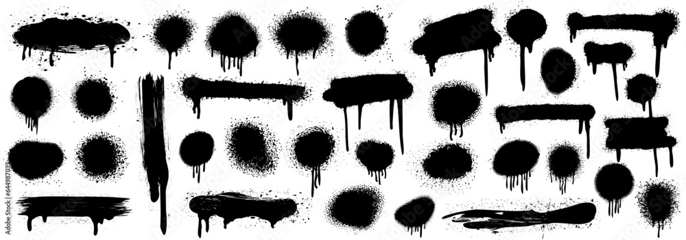 Paint aerosol spray texture collection. Black detailed grunge spray paint strokes. Abstract graffiti spray banners. Graffiti texture - obrazy, fototapety, plakaty 