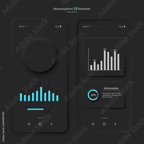 User interface elements for a mobile application in black and blue style. A set of Neomorphism-style user interface icons. Vector EPS 10.