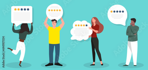 People star rating feedback concept in a flat design. Satisfied customers give high and low rating. People give review rating and feedback
