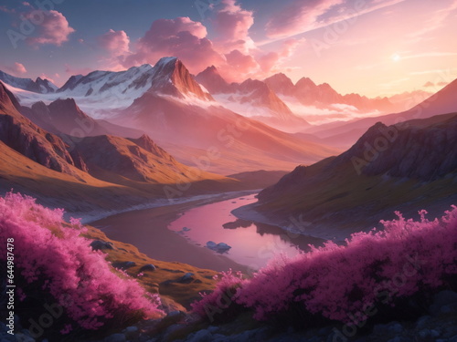 A breathtaking view of a distant planet  with a majestic sunrise illuminating the icy peaks of the mountains  a winding river snaking through lush fields  and a cloudy sky dotted with pink flowers.