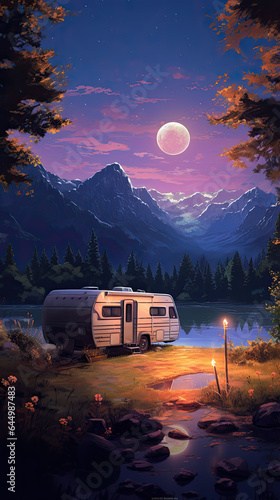 A serene campsite scene with an RV parked amidst nature, highlighting the cozy and comfortable living space that these vehicles provide for travelers