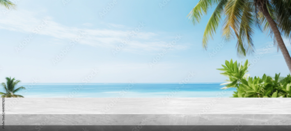 Empty white marble table with white sand calm sea bay blue sky, Beautiful summer nature vacation island in the background with copy space, blank for text ads, and graphic design.