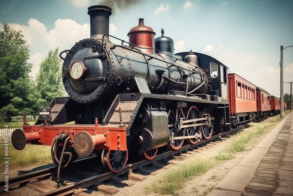 Fototapeta premium Old locomotive on popular railway. Generative AI