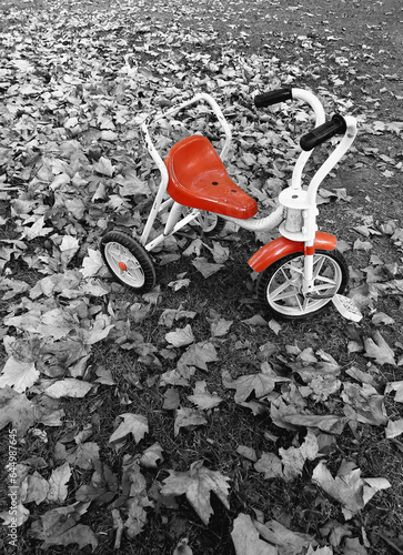 Retro vintage red children's bicycle on road of the withered leaves