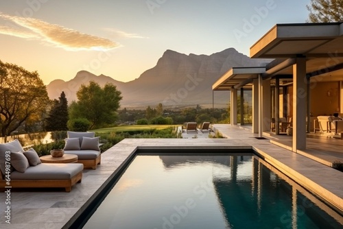 Stunning villa, breathtaking pool, mountain view. Generative AI © Ramin