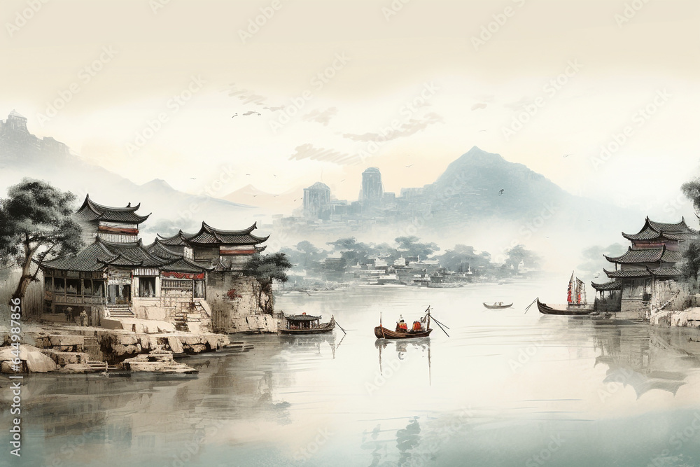 Chinese village scenery by the river, Zen ink hand painting - obrazy, fototapety, plakaty 