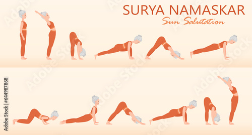 Set of yoga exercise Sun Salutation, Surya Namaskar. Elderly woman in different yoga asanas. Healthy lifestyle. Flat cartoon character. Vector illustration