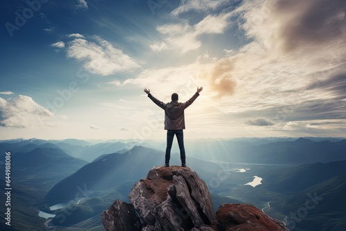 Positive man celebrating on mountain top, with arms raised up © Pixalogue