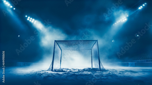 hockey goal and ice hockey arena in smoke and in the spotlight.
