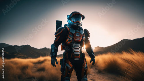 Astral Explorer in Spacesuit on Alien Terrain. Ideal for video game backgrounds, immersing gamers in immersive extraterrestrial environments..