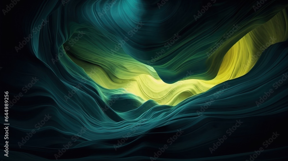 Abstract waves of smooth green and yellow curves in a small cave for ...