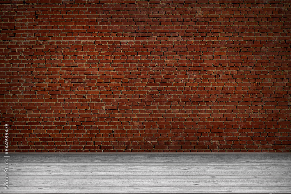 Stone brick walls and wooden floor for mock up. Rustic old wooden planks, shelf or table surface. Empty room background for product displaing and copy space for text