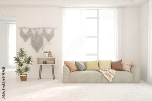 White living room with sofa. Scandinavian interior design. 3D illustration