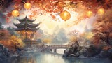 Beautiful ancient Chinese landscape with Chinese lanterns and pavilion in park