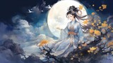 Chang'e and moon. Goddess of the Moon in Chinese mythology and origin of Mid-Autumn Festival