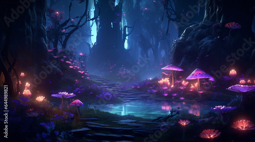 beautiful forest fantasy world with glowing insects trees