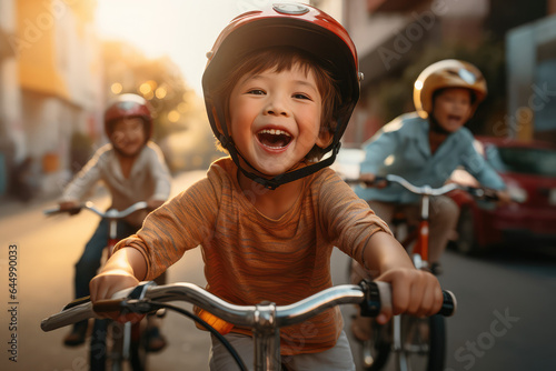 happy kid riding bike with friends on a street