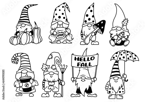 Set of Fall Gnomes. Cute outline vector designs.